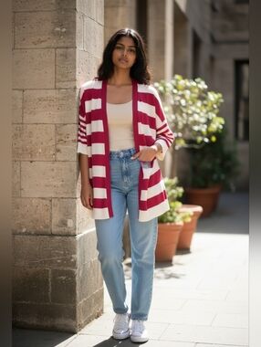 Dex Red and White Striped V-Neck Wrap Sweater